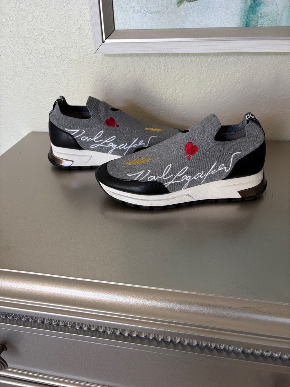 Karl Lagerfeld Gray Knit Slip-On Sneakers with Red Heart Accent